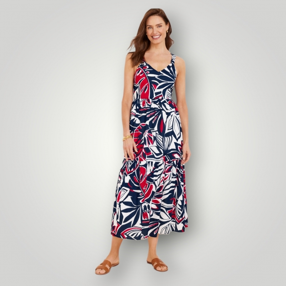 Talbots Navy Red White Abstract Print Tiered Cotton Maxi Dress Small Tropical